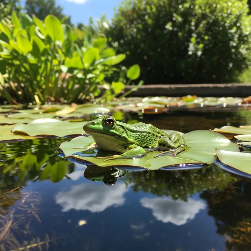 Green Frog on Lily Pad in Serene Pond Green Frog on Lily Pad in Serene Pond