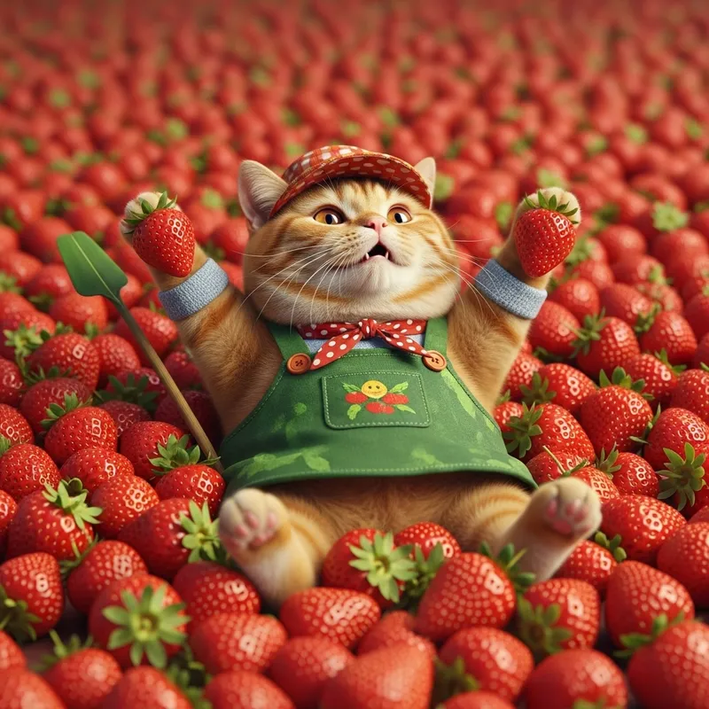 Cute British Cat Swimming in Strawberries
