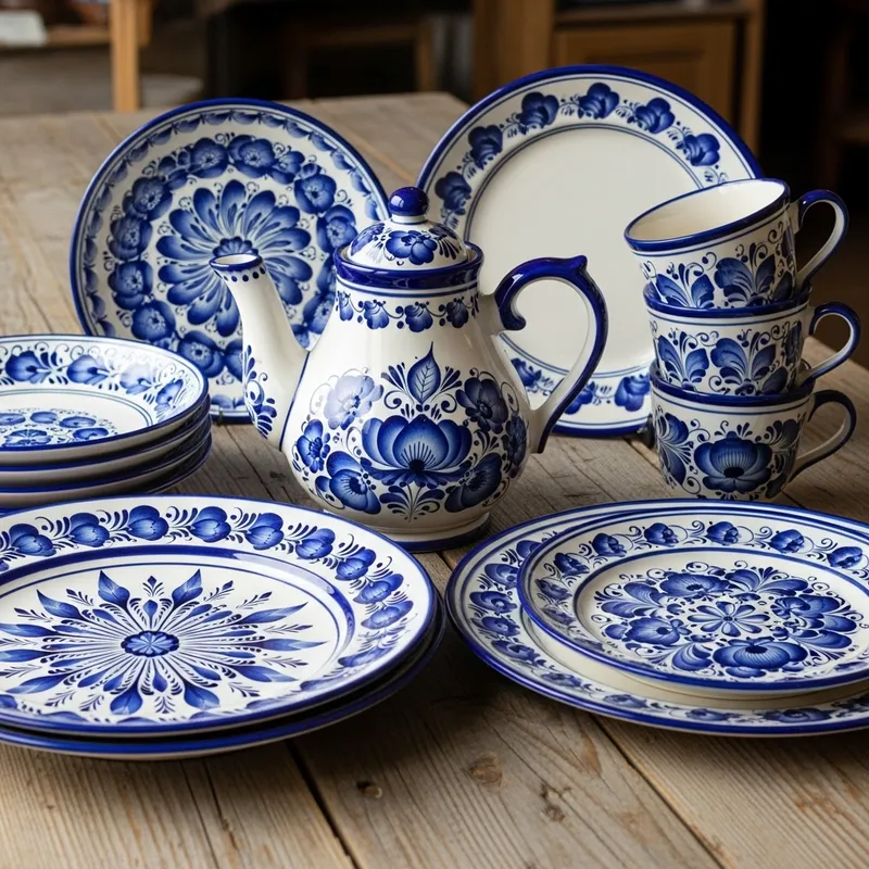 Handcrafted Gzhel Clay Items Adorn Rustic Table