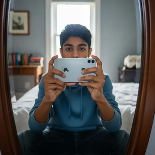 Intriguing Self-Portrait: 14-Year-Old South Asian Boy Taking iPhone Mirror Selfie