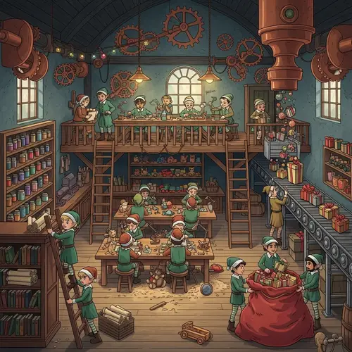 Enchanting Workshop with Multicolored Lights and Busy Elves