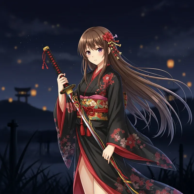 Anime Girl in Traditional Black and Red Kimono with Bronze Hair Holding a Katana