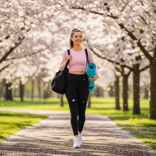 Modern Health-Conscious Caucasian Woman Walking in Blossoming Park