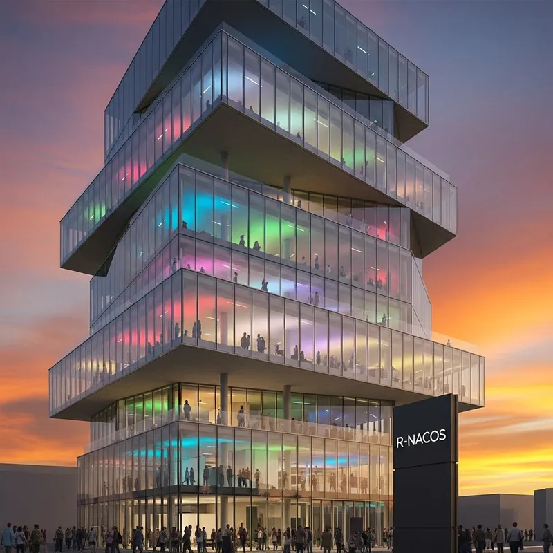 R-Nacos: Modern Glass and Steel Structure with Unique Lighting
