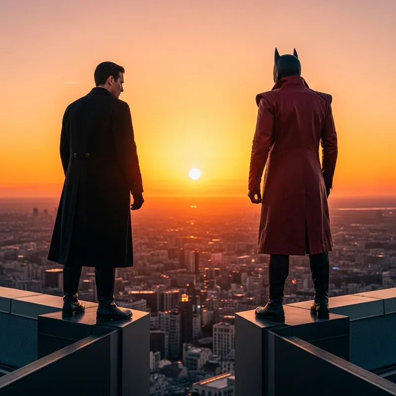 Urban Doppelgangers on High-rise Rooftop at Sunset