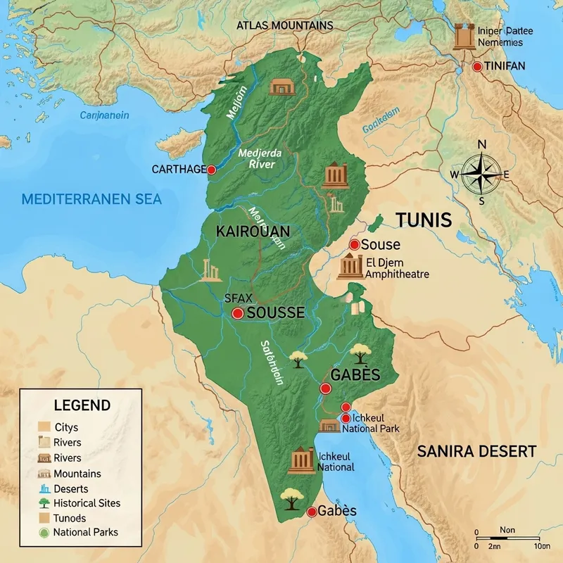 Detailed Map of Tunisia: Cities, Rivers, & Landmarks