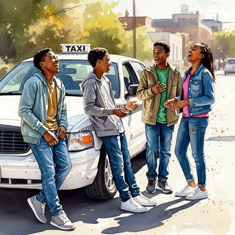 Heartwarming African American Teenagers by Taxi Cab Illustration