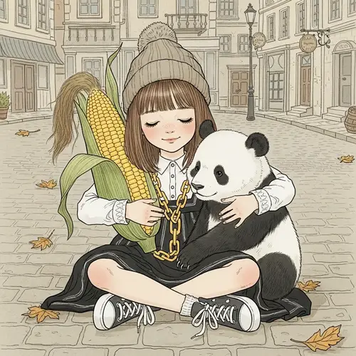 Enchanting Disney-style Illustration of a Girl with Corn and Panda