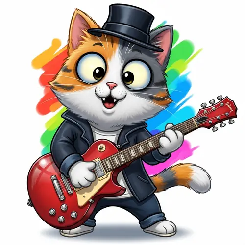 Colorful Cartoon Cat Playing Electric Guitar