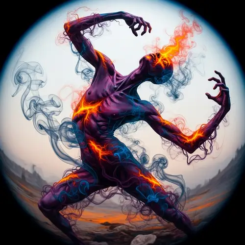 Mysterious Figure in Surrealism: Dynamic Pose & Bold Colors