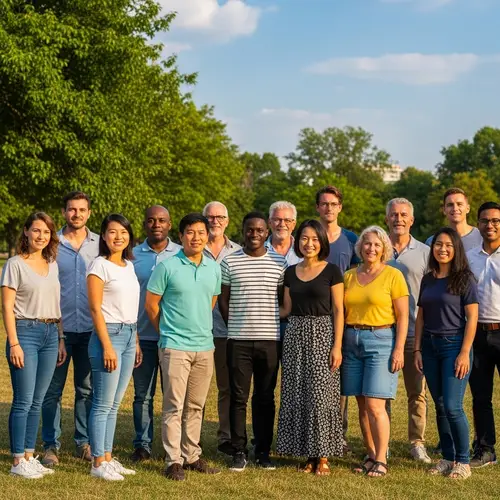 Diverse Group Photo in Park with Trees and Sunlight