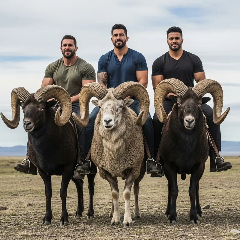 Three Strong Men Riding Majestic Horned Sheep Three Strong Men Riding Majestic Horned Sheep