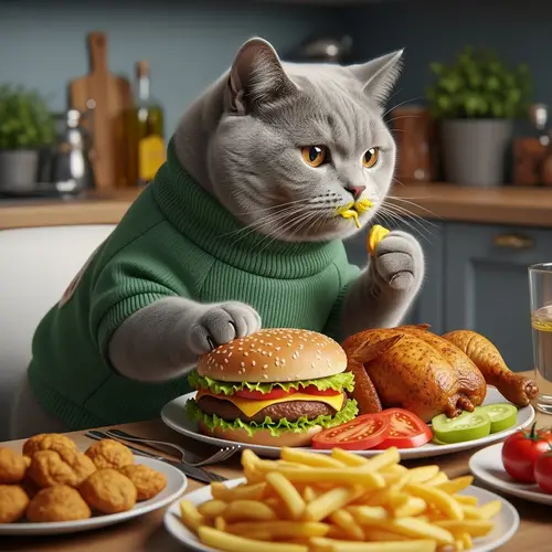 Realistic British Shorthair Kitten in Green Sweater Eating Meal