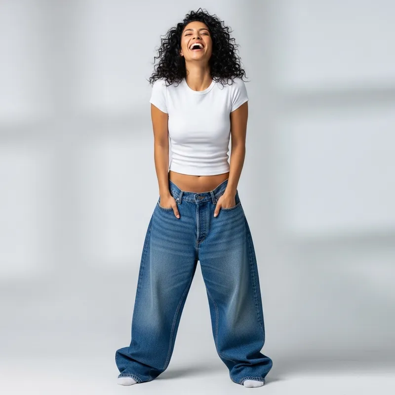 Laughing Woman in Oversized Jeans | Joyful & Standing