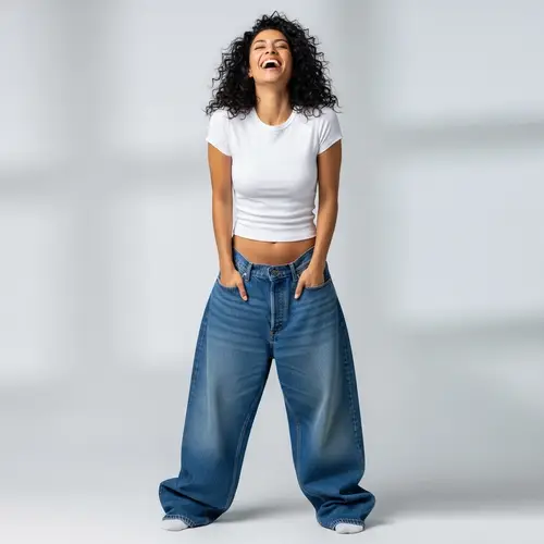 Joyful Latina Woman in Over-sized Denim Jeans | Smiling & Standing