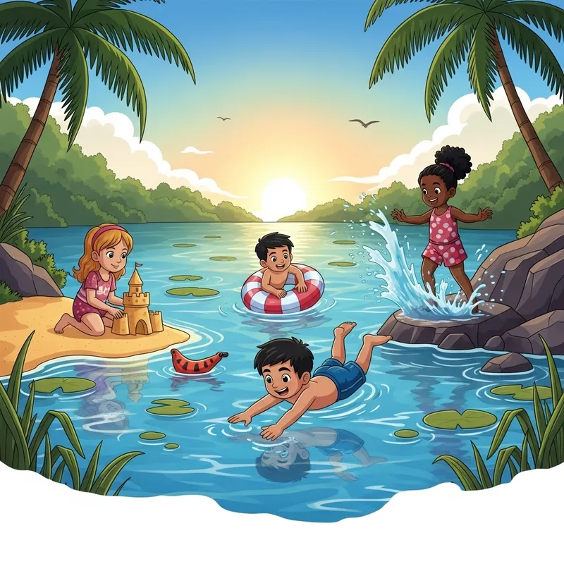 Playful Cartoon Kids Enjoying Lagoon Fun