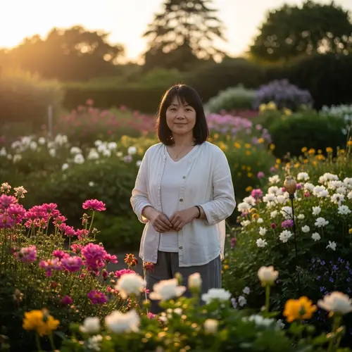 Tranquil Asian Woman in Serene Garden | Blooming Flowers