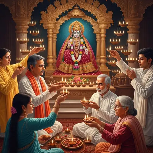 Traditional Indian Aarti Ritual with Devout Participants and Goddess Ambaji Statue