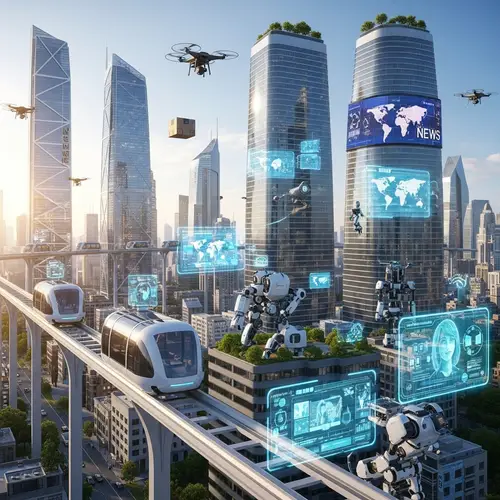 Futuristic City at Sunrise: High-Tech Skyscrapers & Autonomous Vehicles