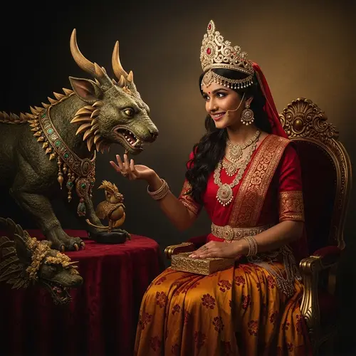 Petite Woman Interacting with Mythical Creature in Baroque-inspired Setting