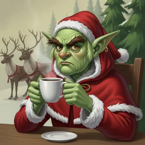 Festive Green Troll Enjoying Coffee Amidst Reindeers and Pine Trees