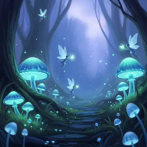 Mystical Forest at Dusk: Bioluminescent Mushrooms & Fairies