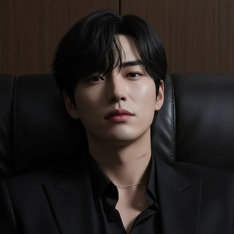 Intense Portrait of Korean Man on Plush Leather Sofa