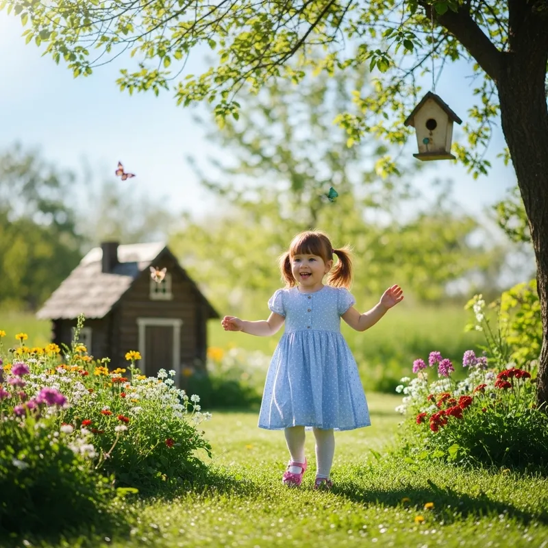 Charming Garden Playtime with Little Caucasian Girl