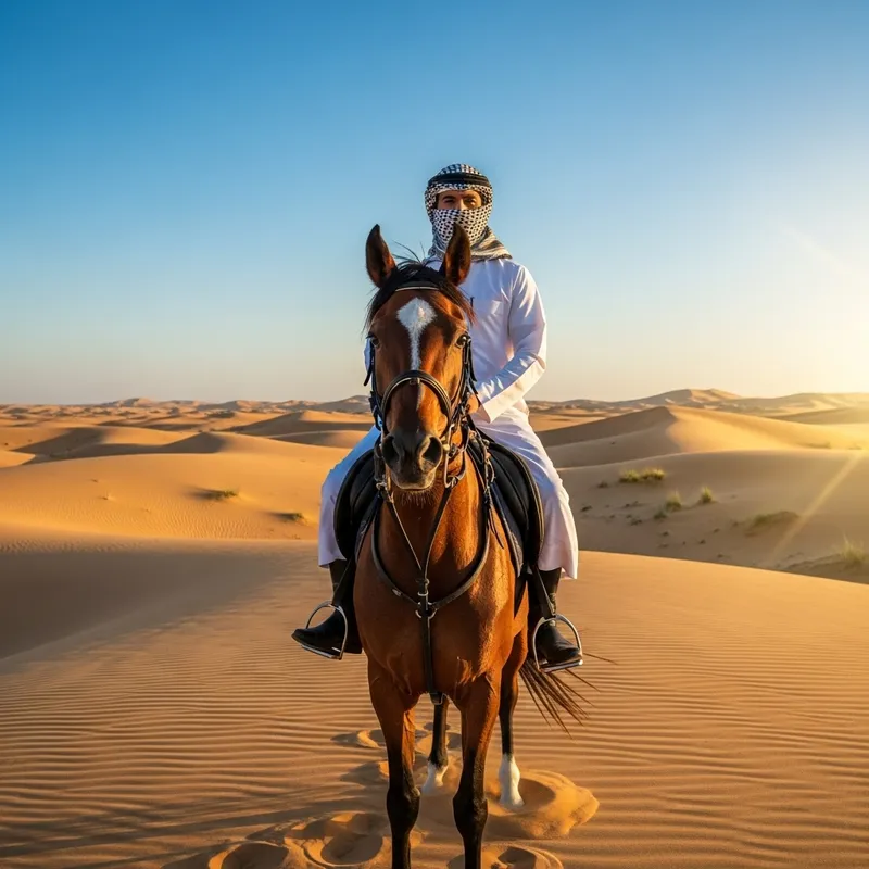 Arab Cowboy on Horse in Desert Landscape