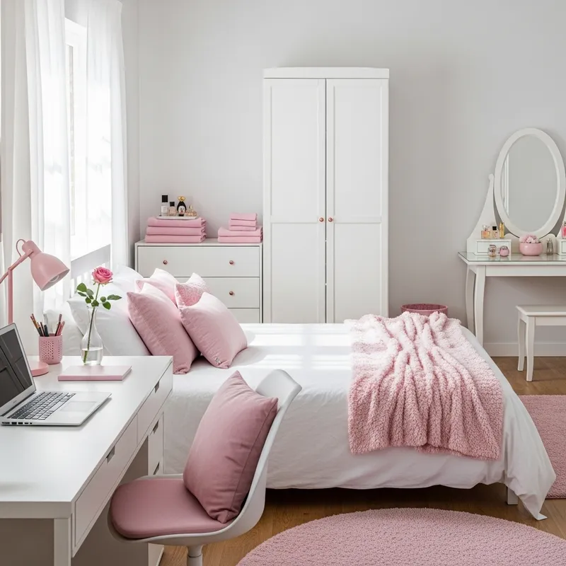 Charming White Bedroom with Pink Accents