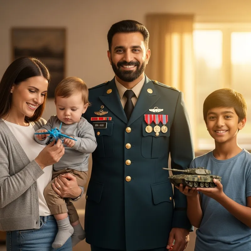 Proud Middle-Eastern Military Veteran with Diverse Family - Heartwarming Scene Proud Middle-Eastern Military Veteran with Diverse Family - Heartwarming Scene