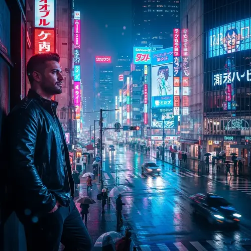 Hispanic Male in Vibrant Neon Japan Cityscape