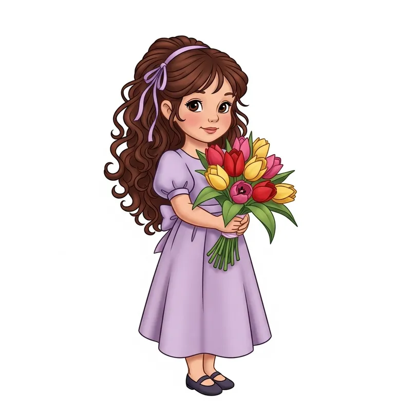 Eastern European Girl with Long Curly Hair and Tulip Bouquet