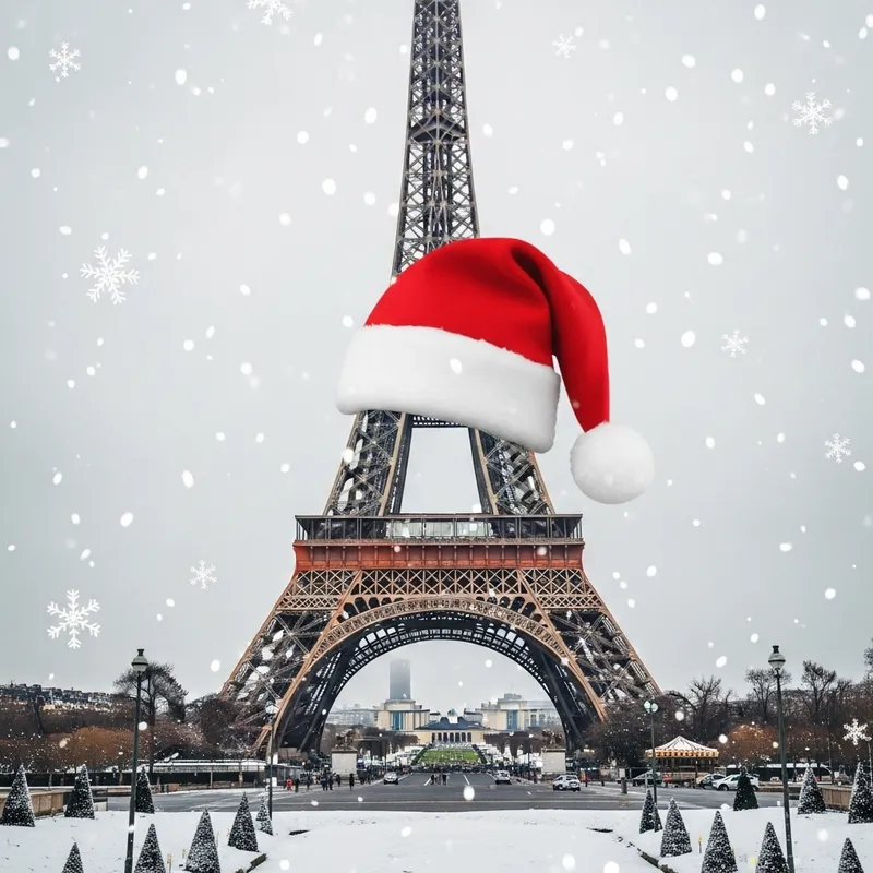 Eiffel Tower with Santa Hat - Festive Winter Scene