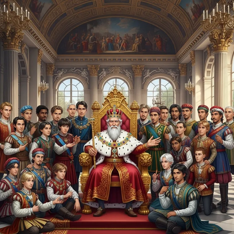 Opulent Palace Scene: Elderly King & 20 Princely Sons - Harmonious Royal Gathering