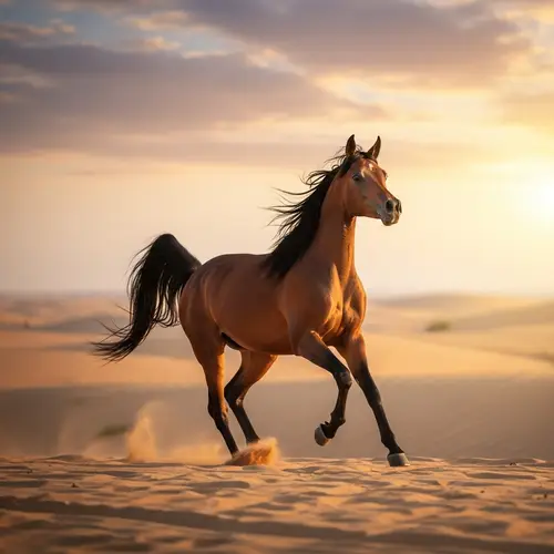 Elegant Arabian Horse Galloping in Sandy Desert