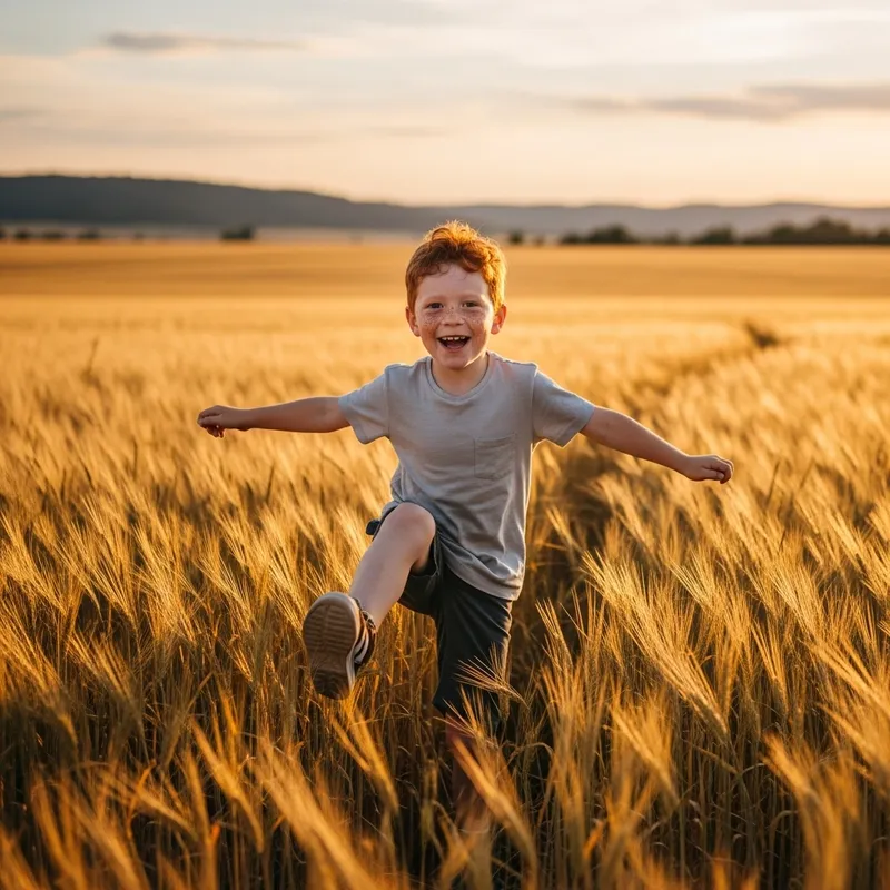 Cheerful Redheaded Boy Dancing in Golden Meadow