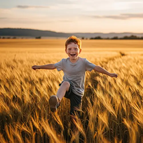 Joyful Red-haired Boy Skipping Across Golden Field