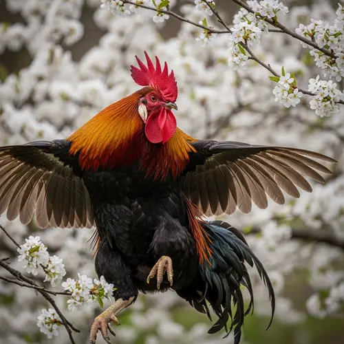 Fierce Rooster Among Spring Flowers