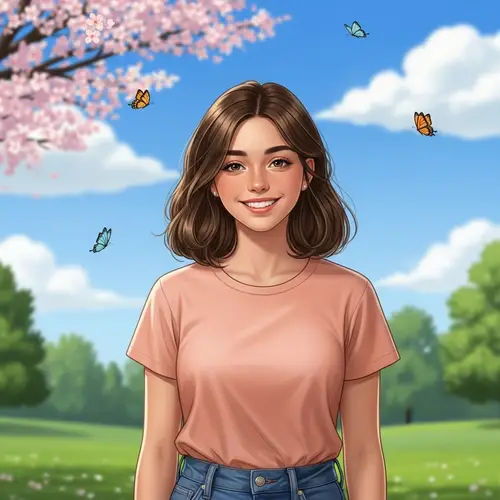 Cheerful Hispanic Girl with Wavy Hair in Park Setting