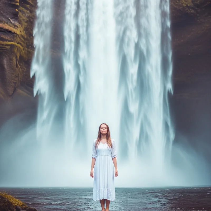 Enchanting Beauty: European Girl in White Dress at Majestic Waterfall