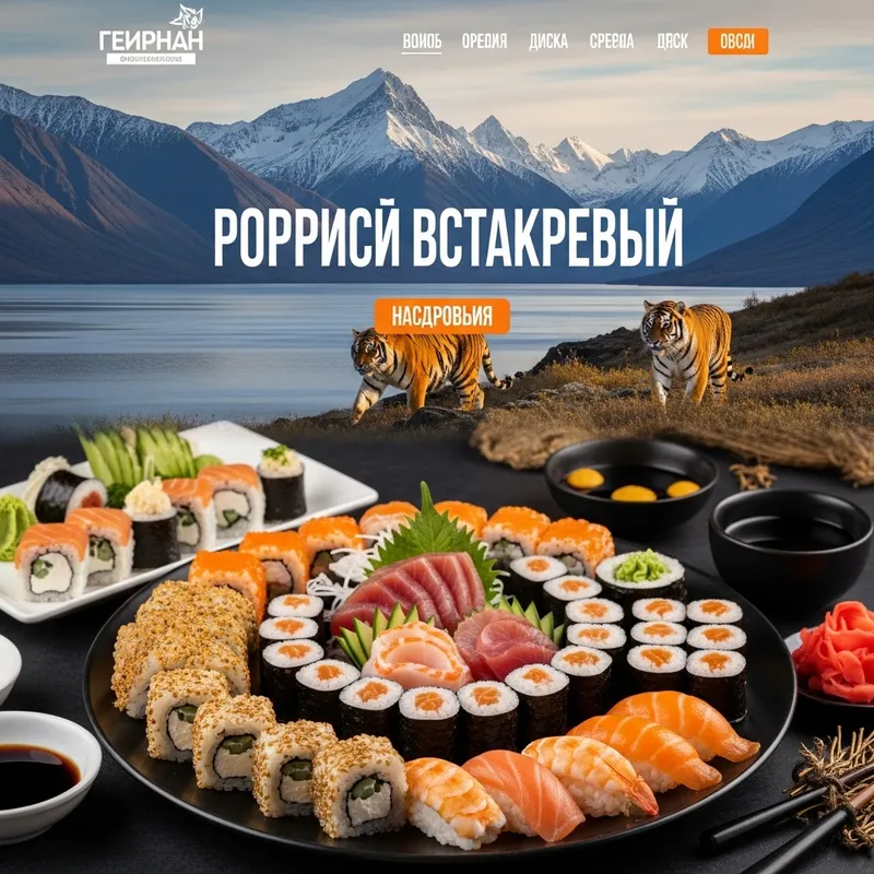 Russian Far East Sushi Scene with Tiger: Mountain Views