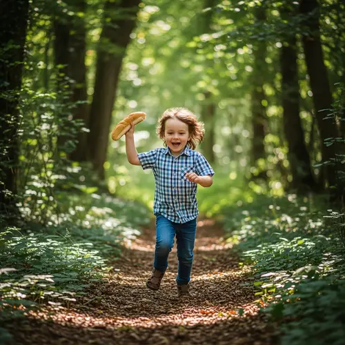 Child Running Through Lush Forest with Bread - Adventure and Exploration