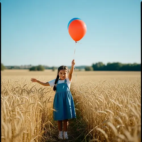 Dreamy Countryside Scene: Young Hispanic Girl with Colorful Balloon