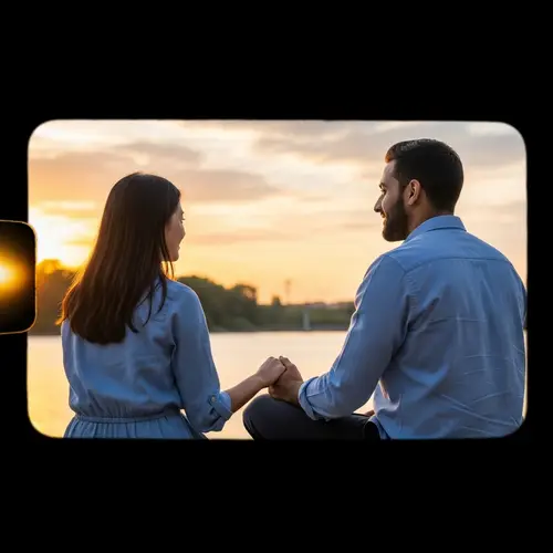 Romantic Sunset Scene with East Asian Woman and Middle Eastern Man