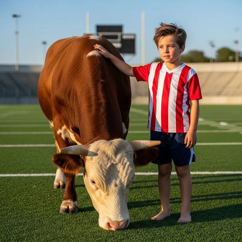Child with Blue Eyes in Football Field with Bull