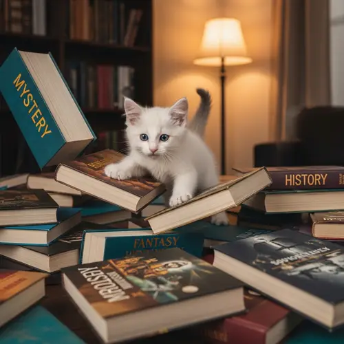 Humorous Turkish Van Kitten Bookshelf Adventure