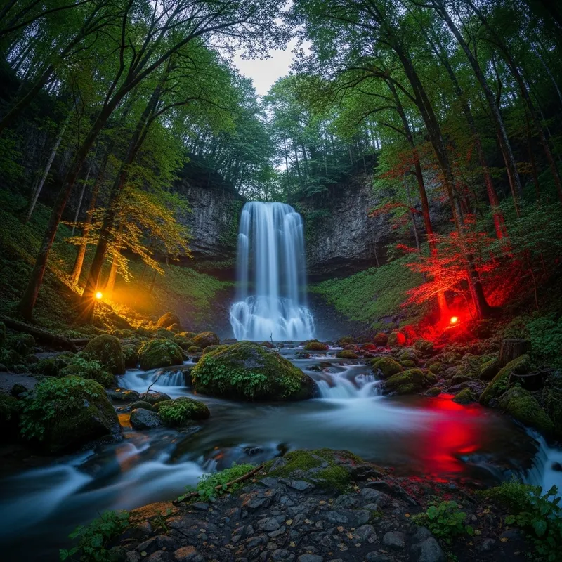 Mystical Forest with Sparkling Waterfall | Surreal Colors & Vivid Lights
