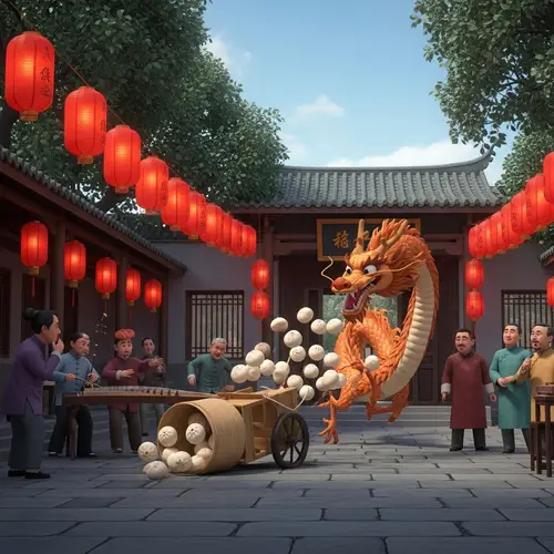 Playful Chinese Dragon Creating Chaos in Traditional Courtyard
