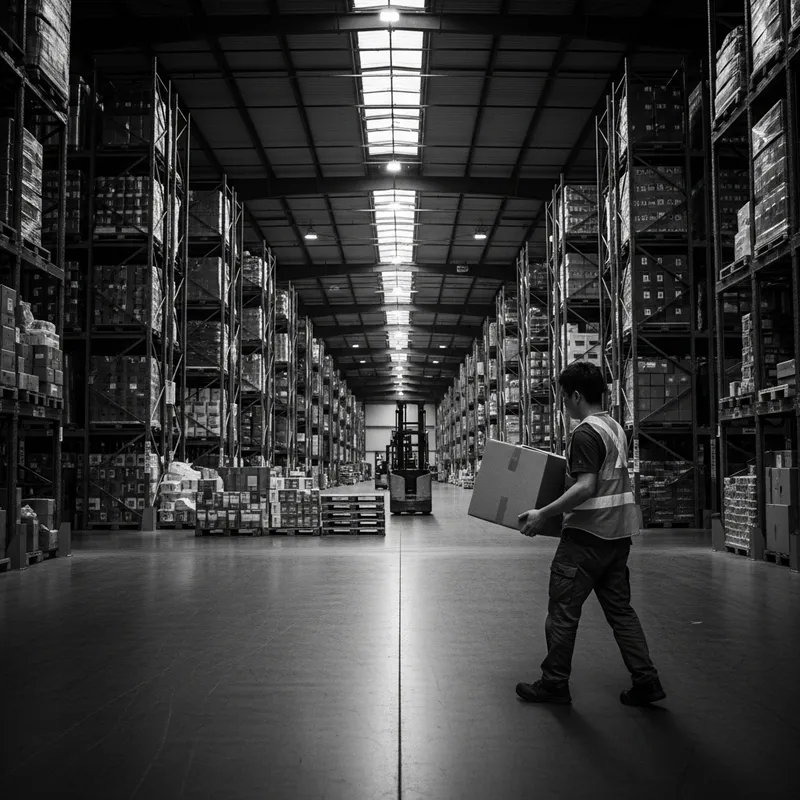 Asian Male Worker Holding Box in Warehouse Landscape Asian Male Worker Holding Box in Warehouse Landscape